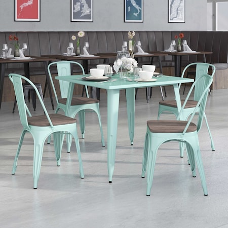 Flash Furniture Mint Green Metal Stackable Chair with Wood Seat, PK4 4-ET-3534-MINT-WD-GG